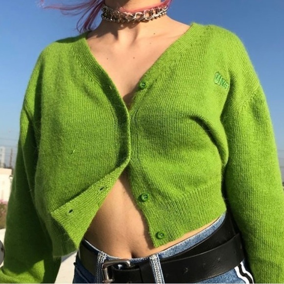 UNIF Liv Cropped Cardigan V Neck Button Front Alpaca Blend Sweater Green XS - Picture 2 of 16